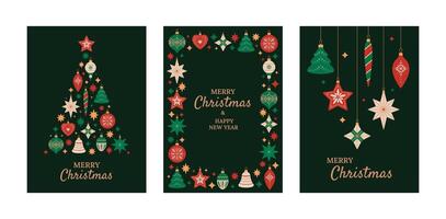 Merry Christmas and Happy New Year vertical greeting cards set with Christmas tree decorations of different shapes. Holiday banner templates on black background vector