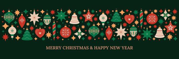 Merry Christmas and Happy New Year horizontal long border with Christmas tree decorations of different shapes. Holiday pattern in red, green and beige colors on black background. Festive banner vector