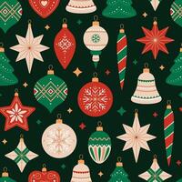 Seamless pattern with Christmas tree decorations of different shapes. Vintage holiday ornaments in red, green and beige colors on black background. Xmas toys print vector