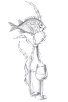 Vertical composition with fish and glass of wine. Isolated pencil graphic illustration for postcards, textiles, restaurant decoration, invitations to a sea party, png