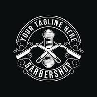 Vintage barbershop logo. barberpole lamp elements combined with razor and scissors inside a circle in monochrome engraving style. vector