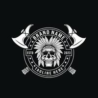 Monochrome fierce skull logo. Combining skull head with crossed axes behind it. Suitable for wood shop, weapon tool, logging tool, barbershop. vector