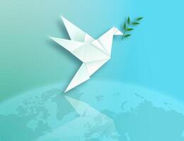 International Day of Peace. Flying dove with olive branch on light background with globe of planet earth. vector
