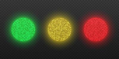 Bright glowing circles consisting of LEDs of different brightness. Traffic lights of red, yellow and green colors. vector