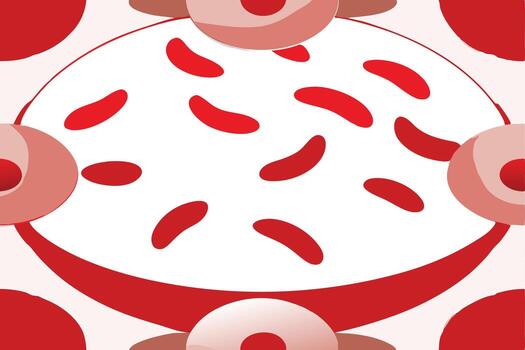 el imagen muestra un resumen modelo de rojo y blanco formas eso caracteristicas un grande blanco circulo con un rojo describir, dispersado con rojo, curvo, alargado formas parecido a pequeño rojo puntos en el blanco vector