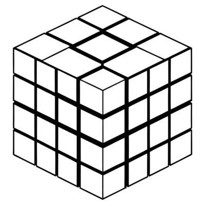 A black and white outline drawing of a Rubiks Cube, a popular puzzle toy consisting of a cube with 27 smaller cubes that can be rotated.