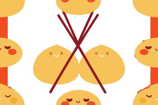 A pattern of adorable yellow dumplings with smiling faces, red cheeks, and a pair of chopsticks crossing in the center. The background is white. vector