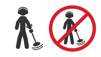 No Metal detecting icon symbol. Metal detecting not allowed logo sign. Silhouette of a man with a metal detector. prohibited, prohibition, forbidden, ban. illustration image. Isolated vector