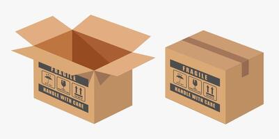 Realistic Open cardboard box mockup icon symbol. Empty blank Shipping delivery carton box. Fragile icons. set of boxes illustration image. Isolated on white background. vector