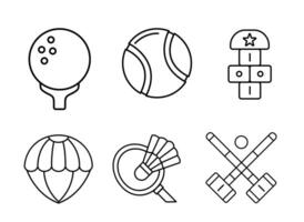 A set of five line icons representing different sports golf, baseball, parachute, badminton, and polo. Each icon is simple and easily recognizable. vector