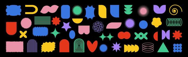 PrintAbstract geometric Y2K Brutalist colorful shapes inspired by Bauhaus and Memphis design. Bold brutalist forms blend with playful colorful triangles, circles, heart, abstract forms for posters vector
