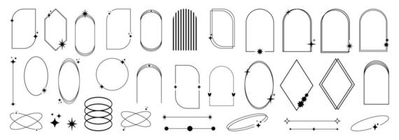 Minimalistic Y2k linear elements, trendy frames with stars, geometric shapes. Arched frames for poster design, modern set in boho style. bohemian borders for logo, postcard, posters. vector