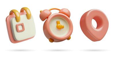 Location pin calendar and a clock cute pink icons 3d render vector