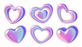 Y2k gradient hearts background with 3d holographic abstract love shapes and bokeh effect vector
