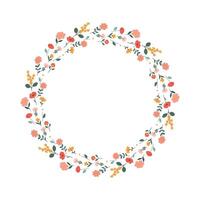Botanic round frame in flat style. Childish style border of bouquet. Floral wreath isolated on white background. Spring flowers frame. illustration vector