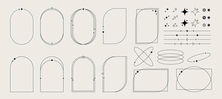 Aesthetic modern minimalist line elements, trendy linear frames with stars, arch frames, geometric forms. Decorative collection of frames in boho style. illustration vector