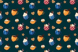Festive seamless pattern for Christmas and New Year with colorful cups, gingerbread cookies and cupcakes. Winter hot drinks. Ideal for packaging, cards, fabric. illustration vector