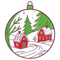 A handdrawn Christmas ornament depicting a snowy winter village with two red houses, a winding path, and a green fir tree against a white background. vector