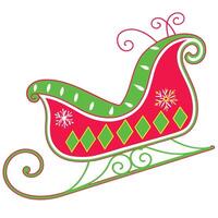 A red and green Christmas sleigh with a snowflake design and decorative swirls. The sleigh is outlined in black and has a white background. vector