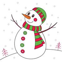 A cartoon snowman with a red and green striped scarf, hat, and a carrot nose smiles under a string of lights. vector