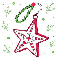 A red fivepointed star ornament with white stripes and a smaller red star in the center, hanging from a green bead garland. Small green leaves and dots are scattered around the ornament. vector