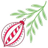 A red and white striped ornament with a red top hangs from a green branch with several leaves. vector