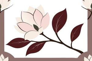 A single pink magnolia flower with five petals, a brown stem, and three brown leaves, all against a white background. vector
