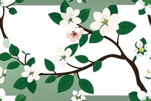 A branch with white blossoms and green leaves is depicted against a white background, creating a simple yet elegant floral design. vector