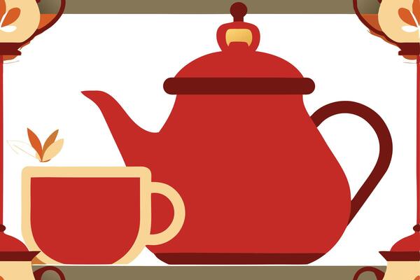 A red teapot and cup are on a patterned background