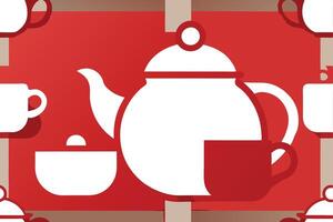 Tea and coffee cups and teapot on a red background vector