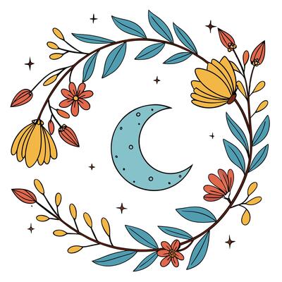 Centered Blue Moon in Floral Wreath