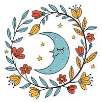 Centered Blue Moon in Botanical Wreath vector
