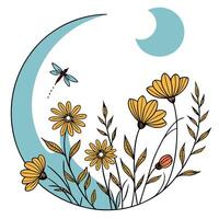 Boho Round Frame with Blue Moon vector