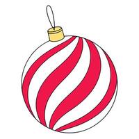 A cartoon illustration of a red and white striped Christmas ornament with a gold top. The ornament is round and has a swirl pattern. vector