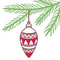 A red and white patterned Christmas ornament hangs from a green pine tree branch with a red string, on a white background. vector