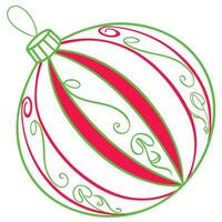 A handdrawn illustration of a Christmas ornament with a white background, featuring a green outline and red stripes with intricate swirling patterns. vector