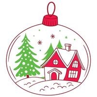 A red Christmas ornament with a white background depicts a snowy winter scene with a red house, a green tree, and white snowflakes. vector