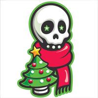Festive Skeleton with Red Scarf and Christmas Tree vector