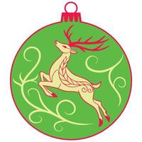 A green Christmas ornament with a red top, depicting a stylized deer leaping over swirling vines. vector