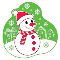 A cheerful snowman with a red hat and scarf stands in a snowy landscape with simple houses and snowflakes, all on a green background. vector