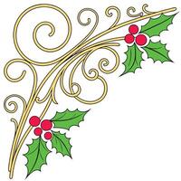 A decorative corner design features gold swirls and a holly sprig with red berries. Its a festive graphic element, ideal for winter and Christmas designs. vector