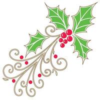 A stylized illustration of a holly branch with green leaves, red berries, and intricate gold curls extending down and to the left. vector