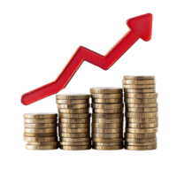 A red arrow is pointing up on a stack of coins png