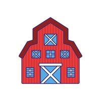 Red barn with a triangular roof, simple windows, and doors. isolated on white background. storage farm cartoon style vector