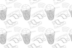 Seamless black and white pattern with basketball elements and back-to-school text. Perfect for kids coloring and school projects. vector