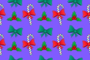 Festive seamless pattern with candy canes, holly, and bows. Perfect for Christmas wrapping paper, backgrounds, and holiday designs. vector