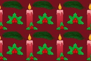 Festive seamless pattern featuring candles, holly leaves with berries, and pine branches on a deep red background. Perfect for holiday decor. vector
