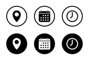 Address, date, and time icon on black circle. Location marker, calendar, and clock sign symbol vector