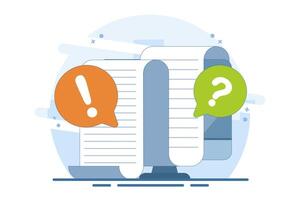 Concept Document file paper collaboration review comment. question mark and exclamation mark discussion about writing text content image clipart. illustration icon graphic flat. vector