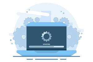 Laptop computer with software update screen, System maintenance, update process, operating system update, software installation, operating system. Flat illustration on background. vector